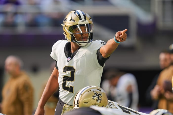 Nov 12, 2023; Minneapolis, Minnesota, USA; New Orleans Saints quarterback Jameis Winston (2) warms up before the game against the Minnesota Vikings at U.S. Bank Stadium.